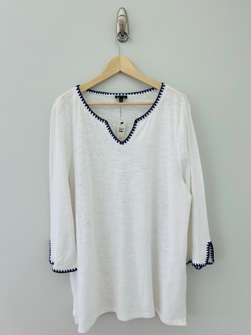 NWT Talbots Cotton/Linen Blend White Tunic with Blue Ladder Stitching Sz XL